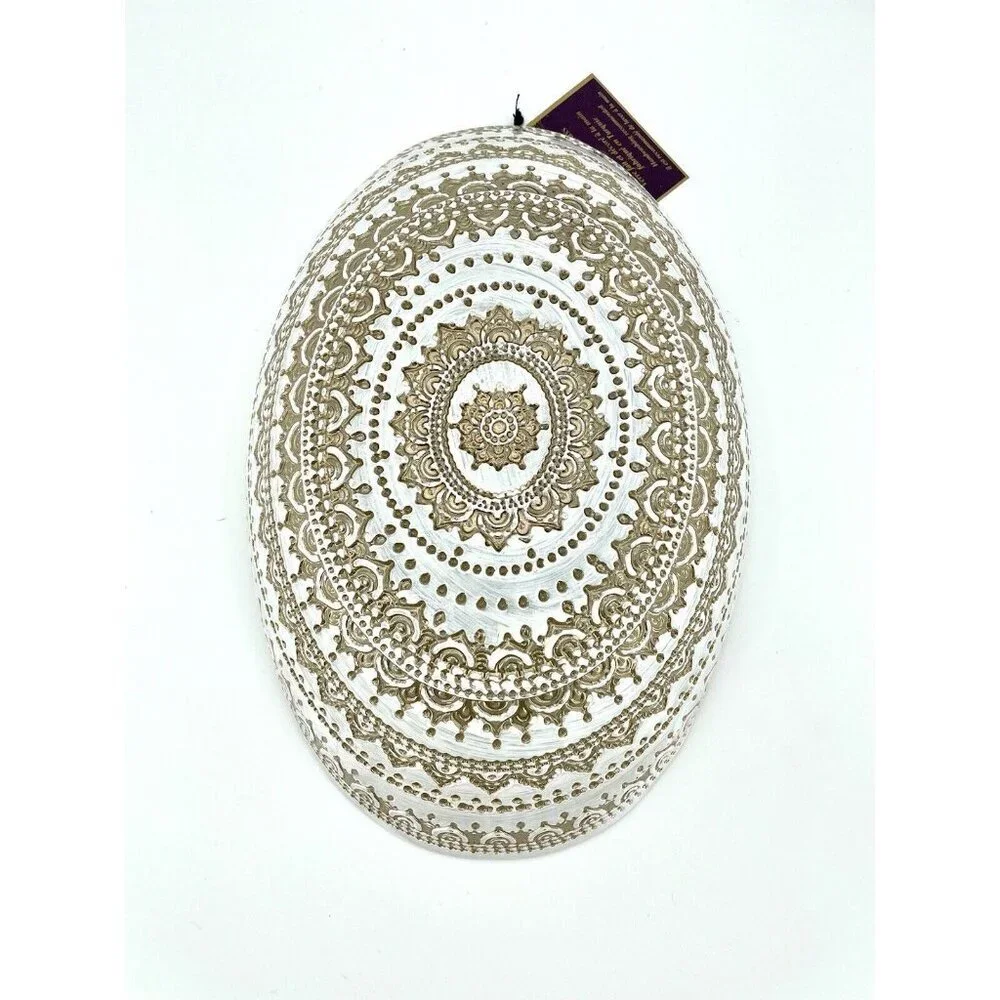 Artistic Accents White Glass Oval Serving Bowl Gold Lace Print Handmade NWT